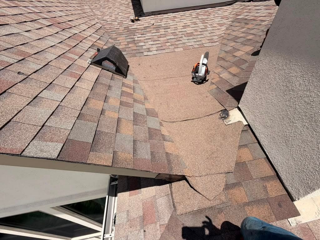 Completed shingle roof with a turtle vent installed and a blower on the deck during final cleanup